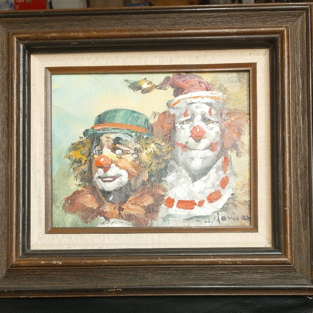 Vintage Clown Duo Painting in Wooden Frame